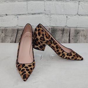 J Crew Laney Calf Hair Leather Leopard Chunky Mid-Heel Point Toe Pump Tan/Brown